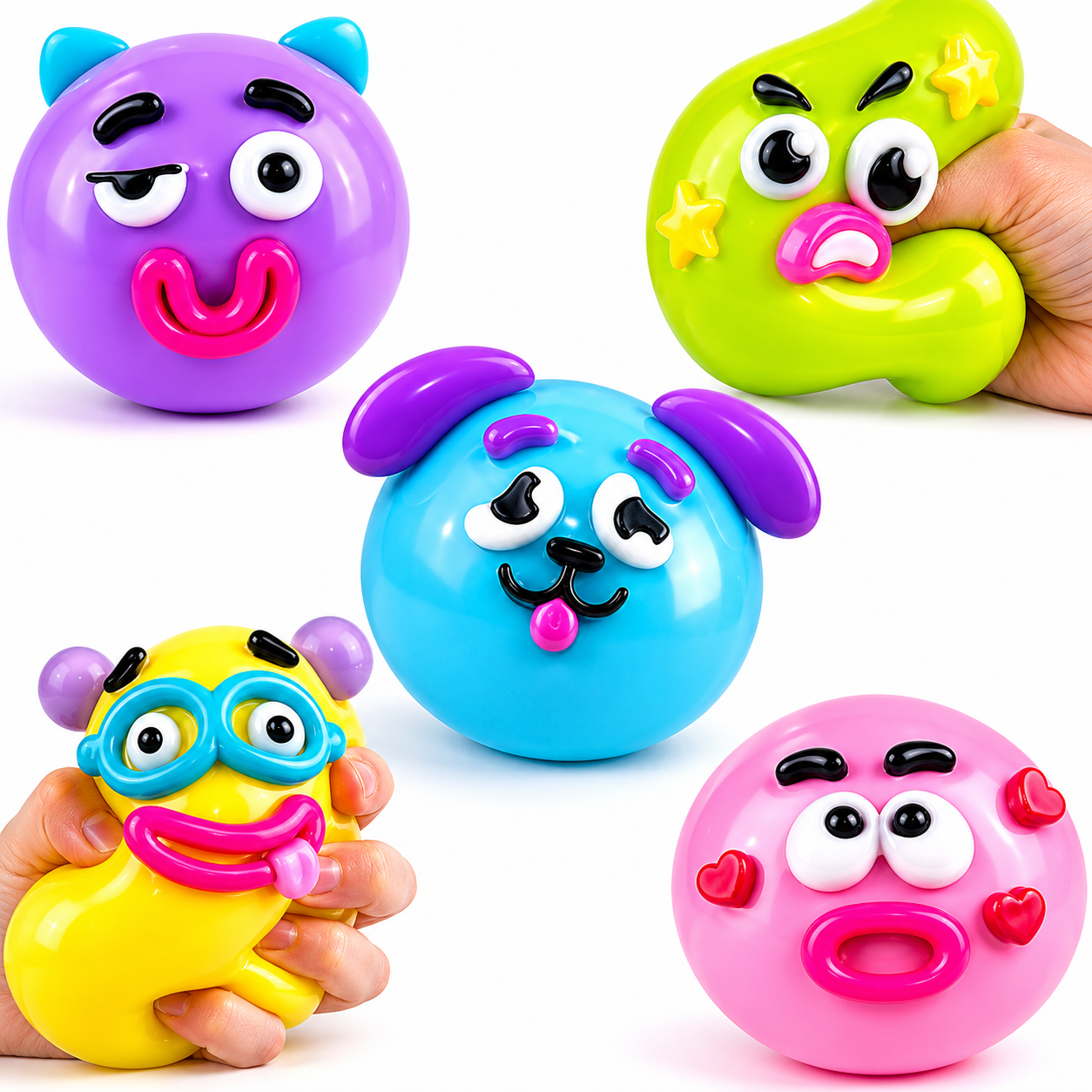 Cartoon Funny Face Squishy Stress Balls DIY, 5 Pack Colorful Soft TPR Squeeze Fidget Toys, Cute Emotion Vent Sensory Toys for Kids Adults Anxiety Relief, Party Favor Birthday Gift