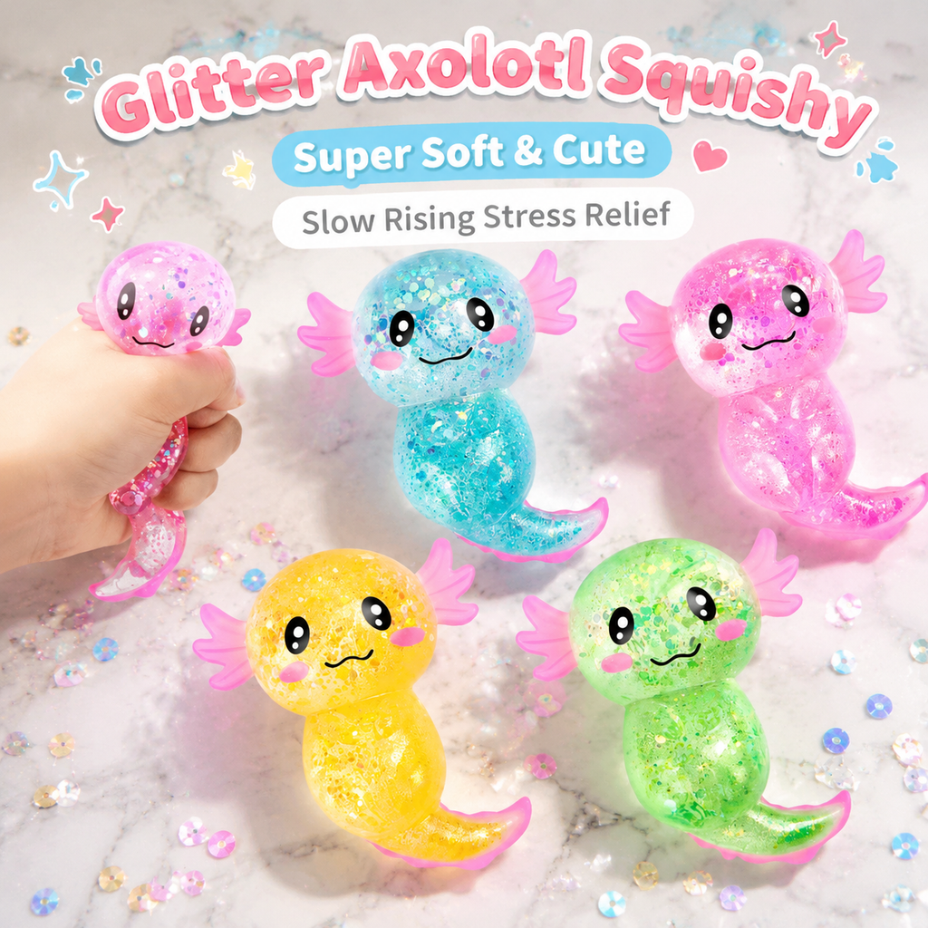 Glitter Axolotl Squishy Stress Ball, Kawaii Sparkle Water Filled Soft Slow Rising Squeeze Fidget Sensory Toy for Stress & Anxiety Relief