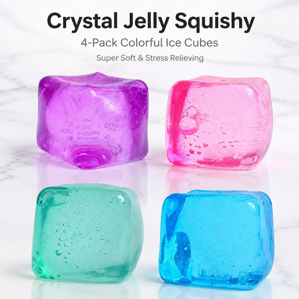 4 Pack Crystal Jelly Ice Cube Squishy Stress Balls, Transparent Bubbly Water Filled Squeeze Fidget Toys, Super Soft TPR Sensory Toys for Anxiety Relief Kids Party Favors