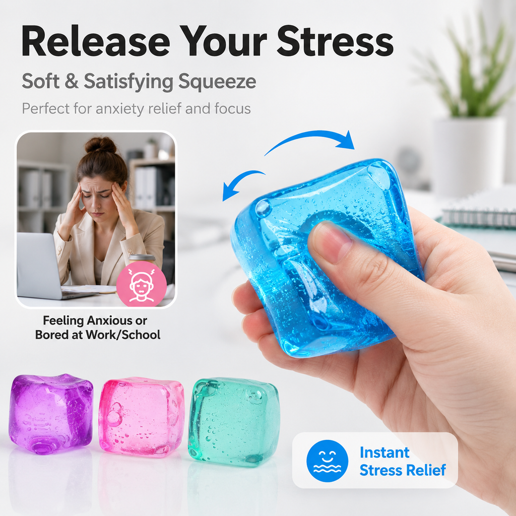 4 Pack Crystal Jelly Ice Cube Squishy Stress Balls, Transparent Bubbly Water Filled Squeeze Fidget Toys, Super Soft TPR Sensory Toys for Anxiety Relief Kids Party Favors