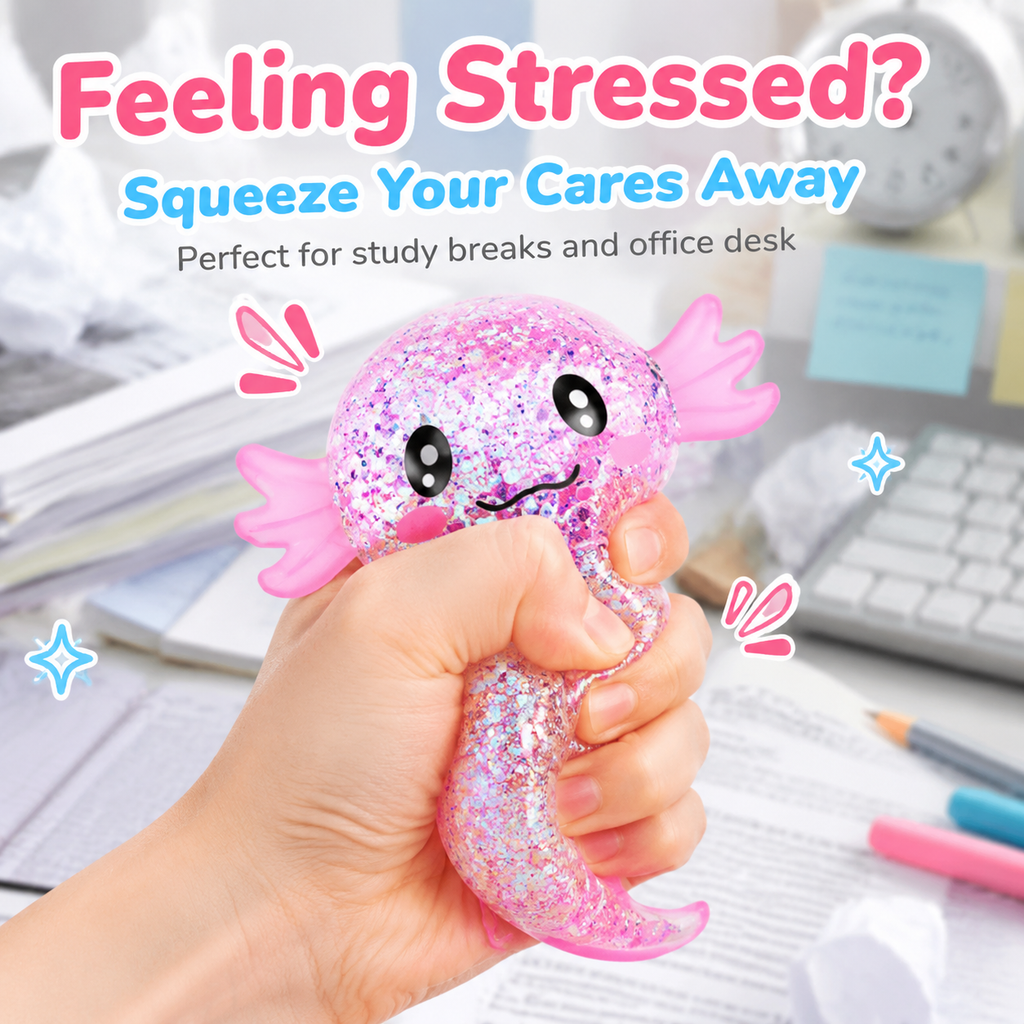 Glitter Axolotl Squishy Stress Ball, Kawaii Sparkle Water Filled Soft Slow Rising Squeeze Fidget Sensory Toy for Stress & Anxiety Relief