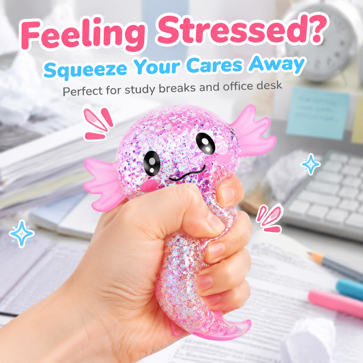 Glitter Axolotl Squishy Stress Ball, Kawaii Sparkle Water Filled Soft Slow Rising Squeeze Fidget Sensory Toy for Stress & Anxiety Relief