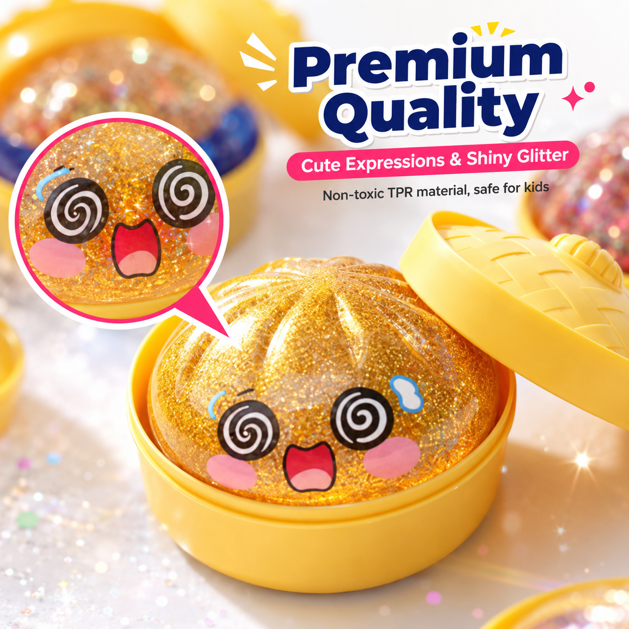 Cute Glitter Steamed Bun Squishy Toys, 4 Pack Kawaii Water Filled Sparkle Squeeze Stress Balls, Soft TPR Fidget Sensory Toy for Anxiety Relief, Kids Party Favor Gift with Mini Bamboo Steamer Box
