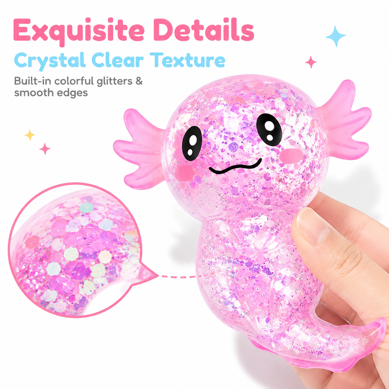 Glitter Axolotl Squishy Stress Ball, Kawaii Sparkle Water Filled Soft Slow Rising Squeeze Fidget Sensory Toy for Stress & Anxiety Relief
