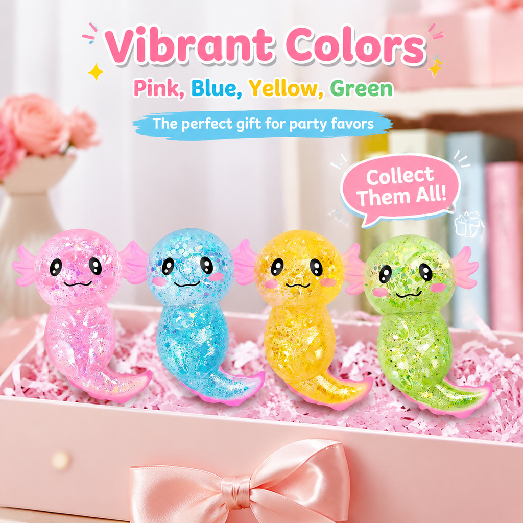 Glitter Axolotl Squishy Stress Ball, Kawaii Sparkle Water Filled Soft Slow Rising Squeeze Fidget Sensory Toy for Stress & Anxiety Relief