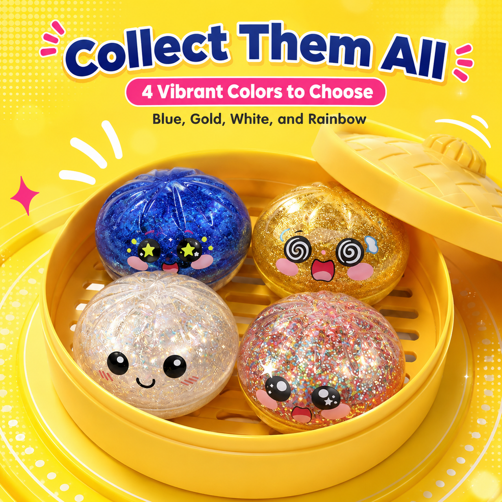 Cute Glitter Steamed Bun Squishy Toys, 4 Pack Kawaii Water Filled Sparkle Squeeze Stress Balls, Soft TPR Fidget Sensory Toy for Anxiety Relief, Kids Party Favor Gift with Mini Bamboo Steamer Box
