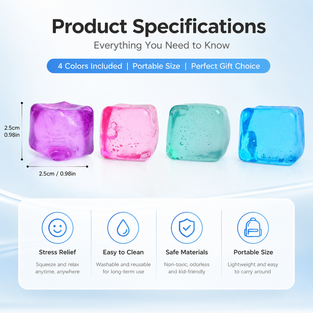 4 Pack Crystal Jelly Ice Cube Squishy Stress Balls, Transparent Bubbly Water Filled Squeeze Fidget Toys, Super Soft TPR Sensory Toys for Anxiety Relief Kids Party Favors