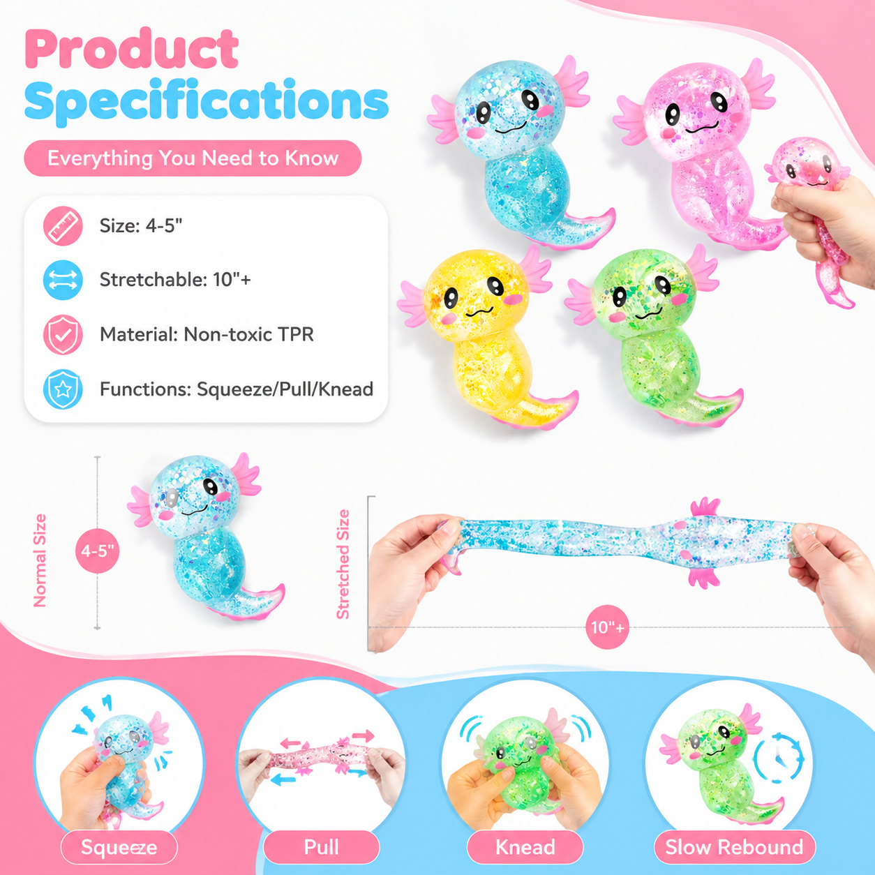 Glitter Axolotl Squishy Stress Ball, Kawaii Sparkle Water Filled Soft Slow Rising Squeeze Fidget Sensory Toy for Stress & Anxiety Relief