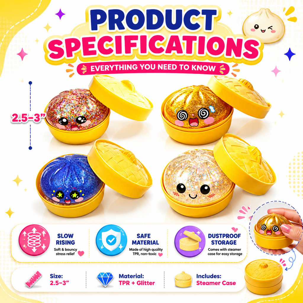 Cute Glitter Steamed Bun Squishy Toys, 4 Pack Kawaii Water Filled Sparkle Squeeze Stress Balls, Soft TPR Fidget Sensory Toy for Anxiety Relief, Kids Party Favor Gift with Mini Bamboo Steamer Box